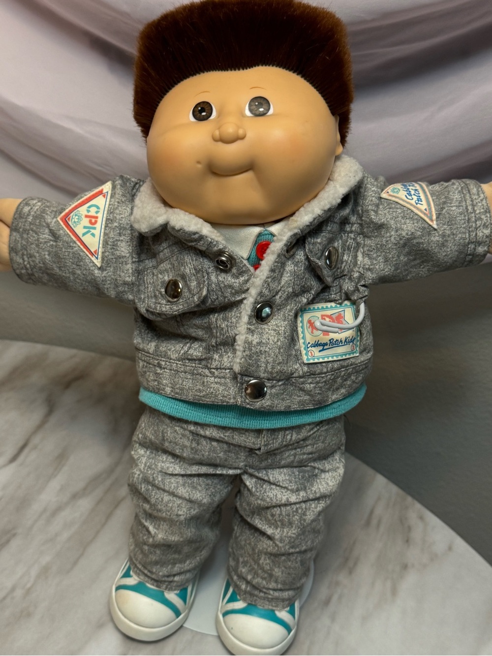 Cabbage Patch Kid boy designer grey denim outfit synthetic fade hair cut